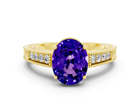 Yellow gold Oval Cut Tanzanite Engagement Ring with Milgrain Channel Set Band and Prong Setting