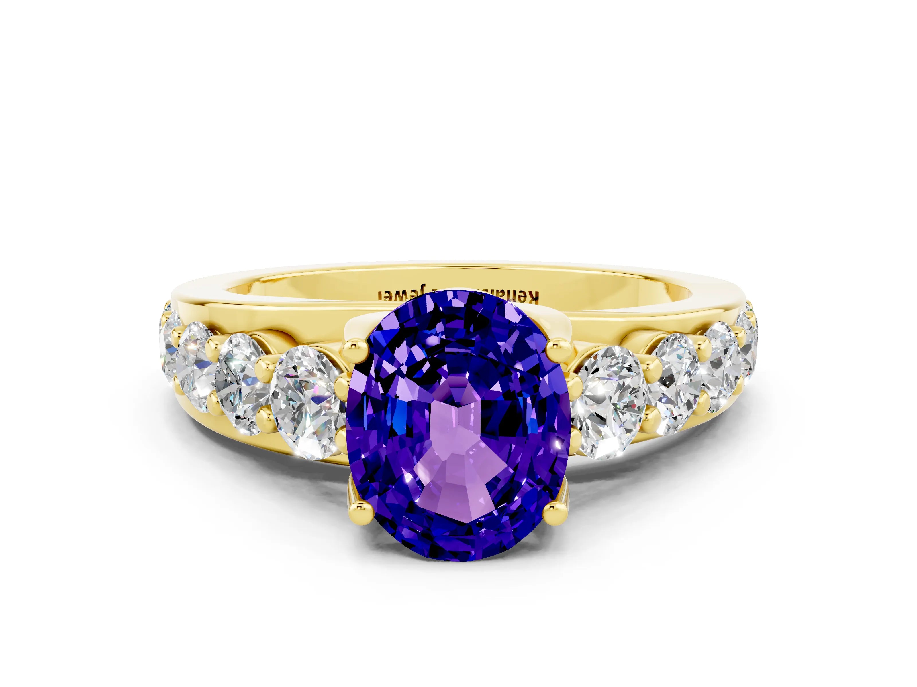 Yellow gold Oval Cut Tanzanite Engagement Ring with Pavé Band and Four-Prong Setting