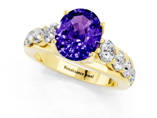 Yellow gold Oval Cut Tanzanite Engagement Ring with Pavé Band and Four-Prong Setting