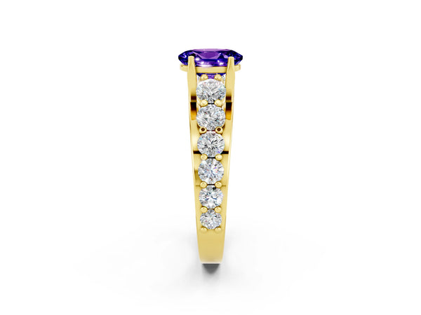 Yellow gold Oval Cut Tanzanite Engagement Ring with Pavé Band and Four-Prong Setting