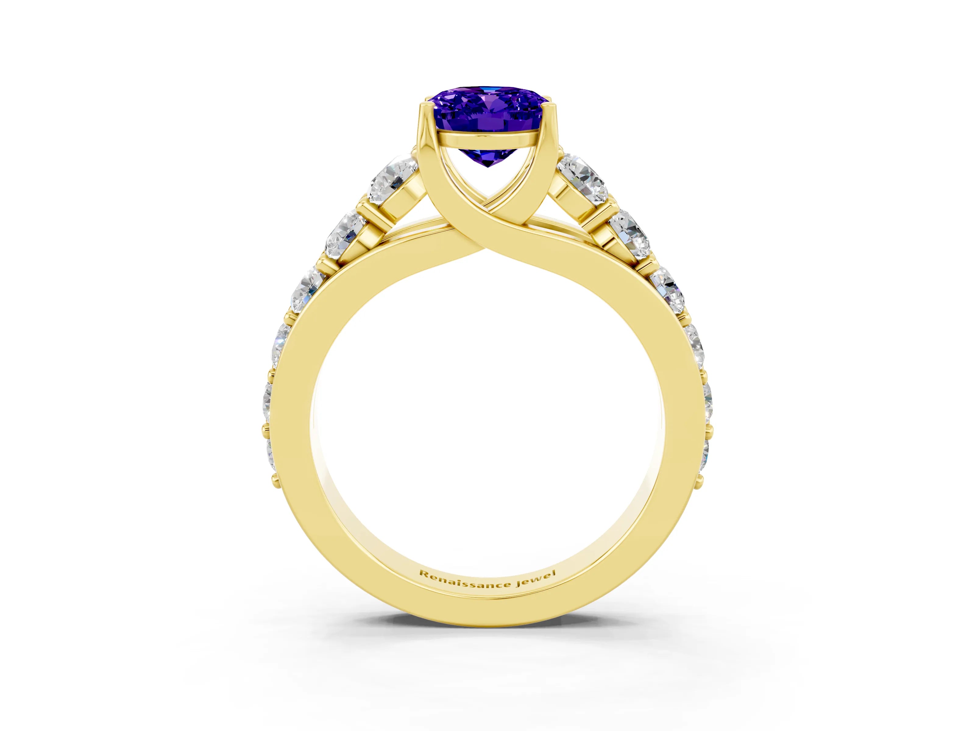 Yellow gold Oval Cut Tanzanite Engagement Ring with Pavé Band and Four-Prong Setting_3