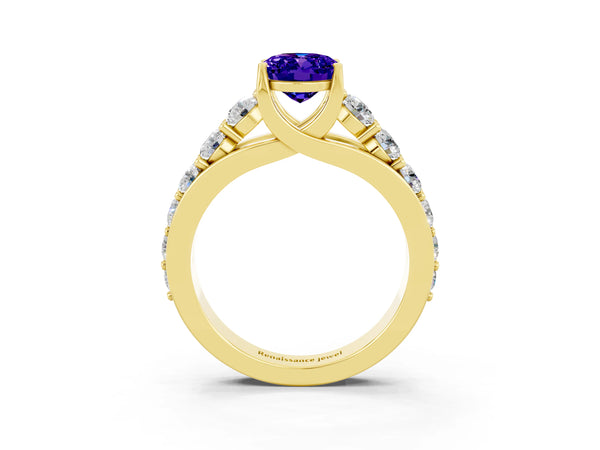 Yellow gold Oval Cut Tanzanite Engagement Ring with Pavé Band and Four-Prong Setting