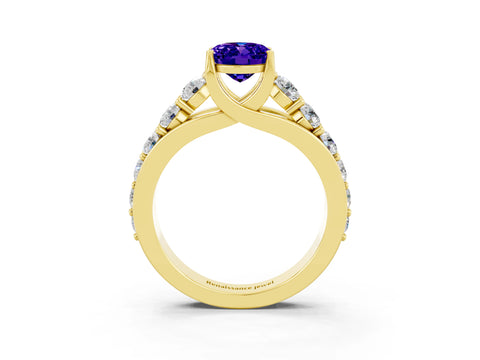 Yellow gold Oval Cut Tanzanite Engagement Ring with Pavé Band and Four-Prong Setting_3