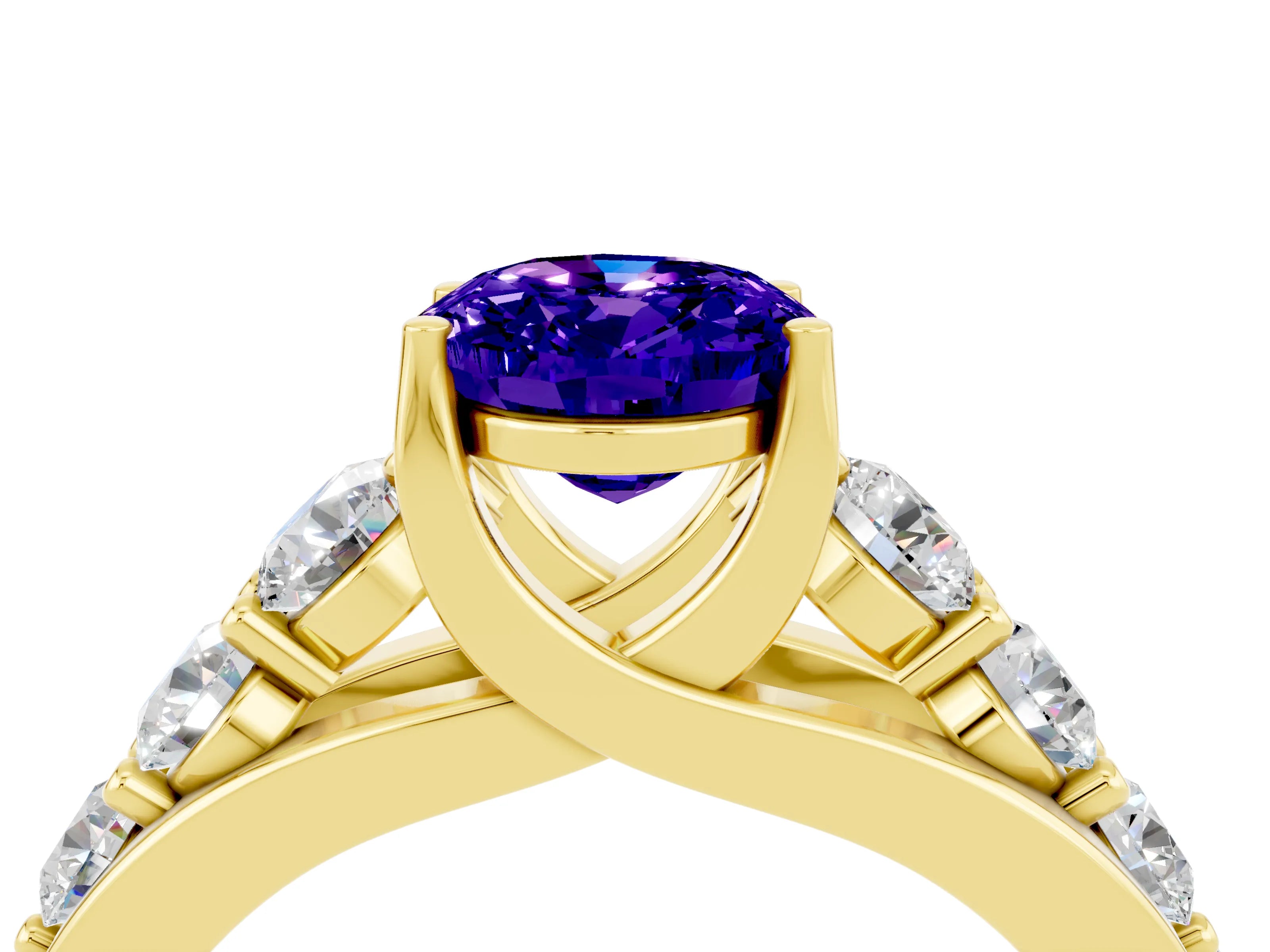 Yellow gold Oval Cut Tanzanite Engagement Ring with Pavé Band and Four-Prong Setting_4