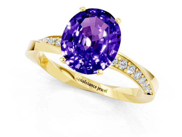 Yellow gold Oval Cut Tanzanite Engagement Ring with Side Stone Accents and Four-Prong Setting