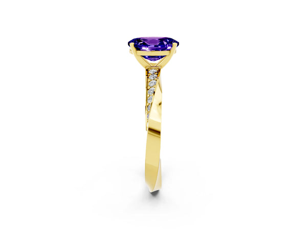 Yellow gold Oval Cut Tanzanite Engagement Ring with Side Stone Accents and Four-Prong Setting
