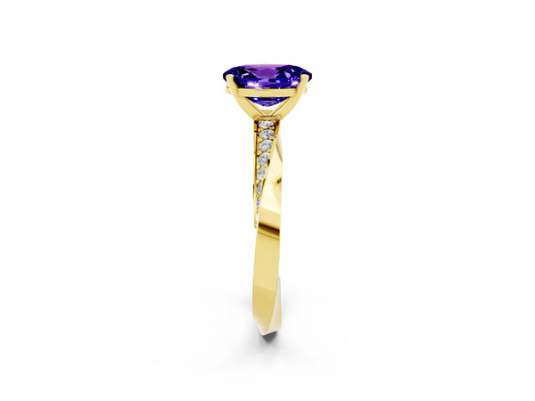 Yellow gold Oval Cut Tanzanite Engagement Ring with Side Stone Accents and Four-Prong Setting