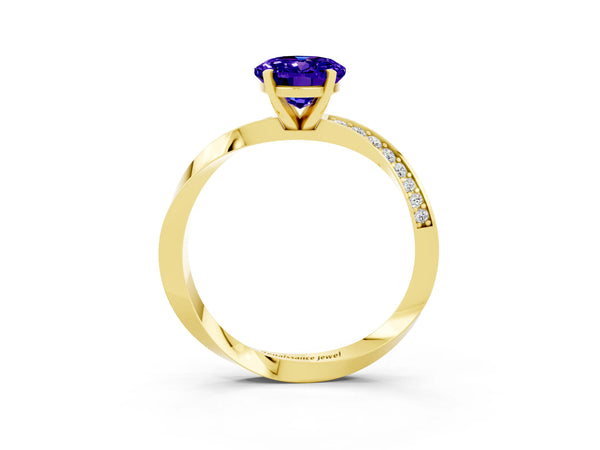 Yellow gold Oval Cut Tanzanite Engagement Ring with Side Stone Accents and Four-Prong Setting