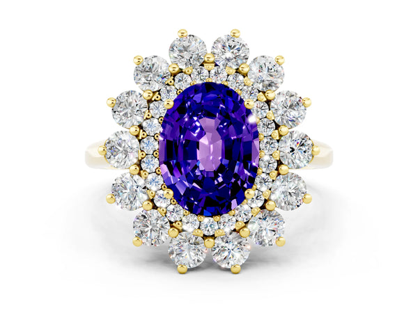 Yellow gold Oval Cut Tanzanite Floral Double Halo Engagement Ring with Prong Setting