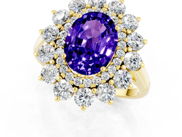 Yellow gold Oval Cut Tanzanite Floral Double Halo Engagement Ring with Prong Setting