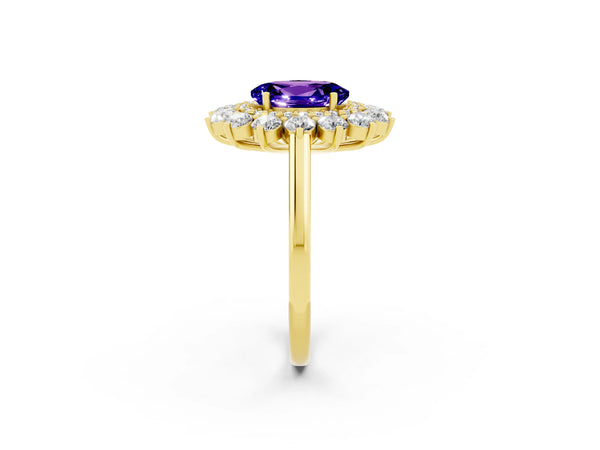 Yellow gold Oval Cut Tanzanite Floral Double Halo Engagement Ring with Prong Setting