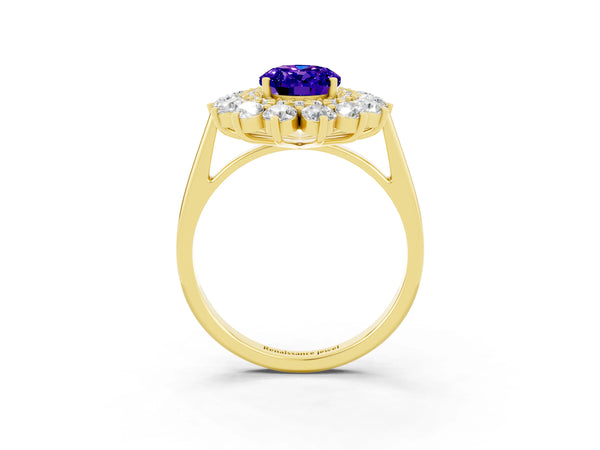 Yellow gold Oval Cut Tanzanite Floral Double Halo Engagement Ring with Prong Setting
