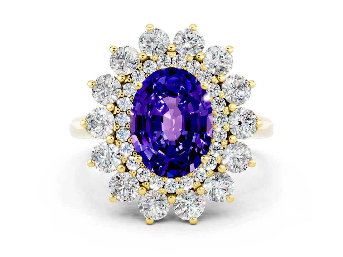 Yellow gold Oval Cut Tanzanite Floral Double Halo Engagement Ring with Prong Setting_48