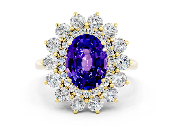 Yellow gold Oval Cut Tanzanite Floral Double Halo Engagement Ring with Prong Setting