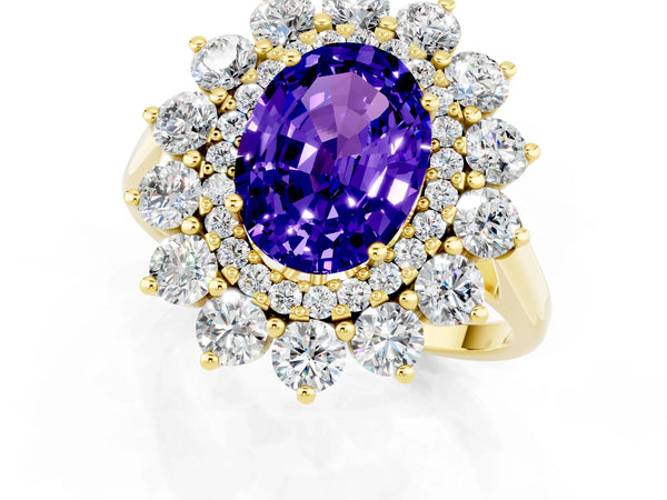 Yellow gold Oval Cut Tanzanite Floral Double Halo Engagement Ring with Prong Setting