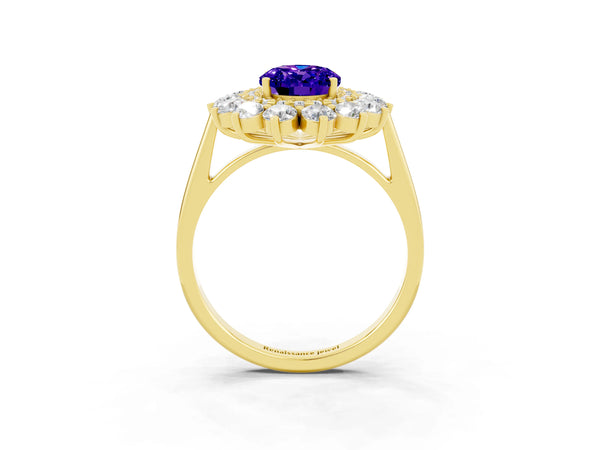 Yellow gold Oval Cut Tanzanite Floral Double Halo Engagement Ring with Prong Setting