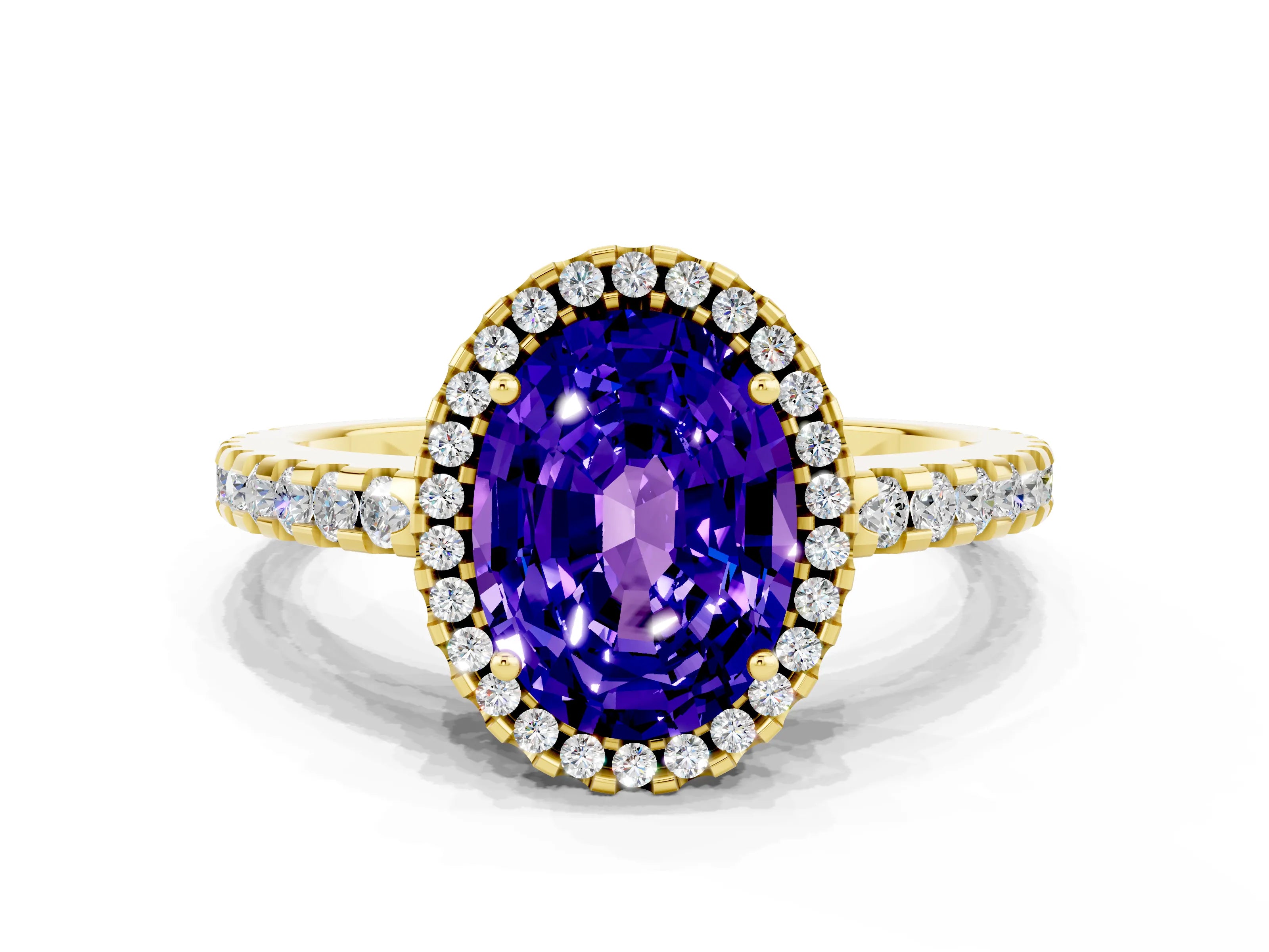 Yellow gold Oval Cut Tanzanite Halo Engagement Ring with Pavé Band and Prong Setting_12