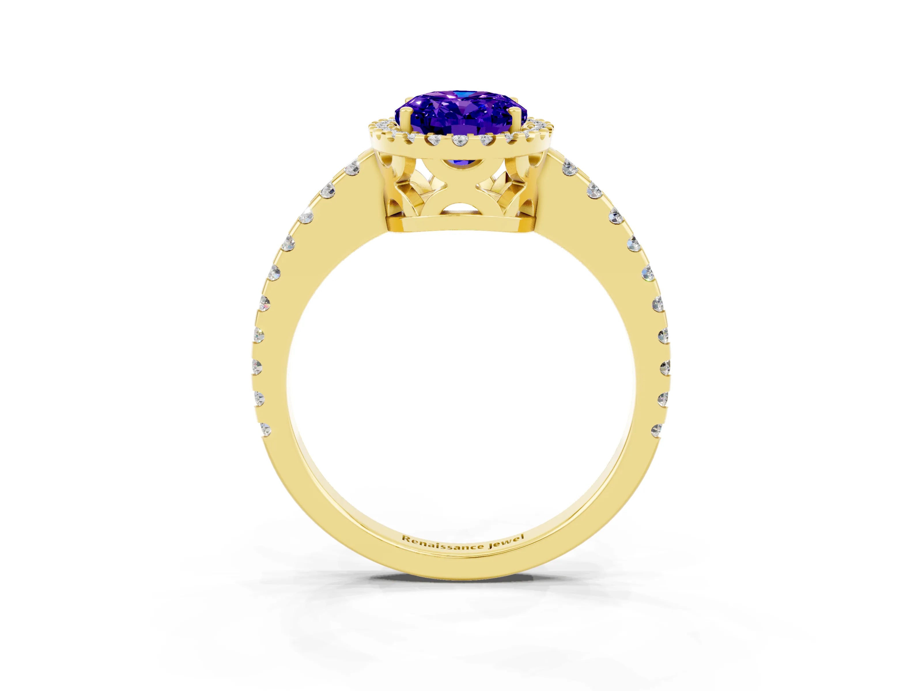 Yellow gold Oval Cut Tanzanite Halo Engagement Ring with Pavé Band and Prong Setting_15
