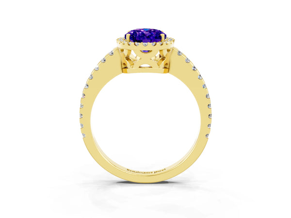 Yellow gold Oval Cut Tanzanite Halo Engagement Ring with Pavé Band and Prong Setting