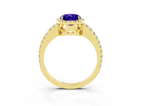 Yellow gold Oval Cut Tanzanite Halo Engagement Ring with Pavé Band and Prong Setting_15