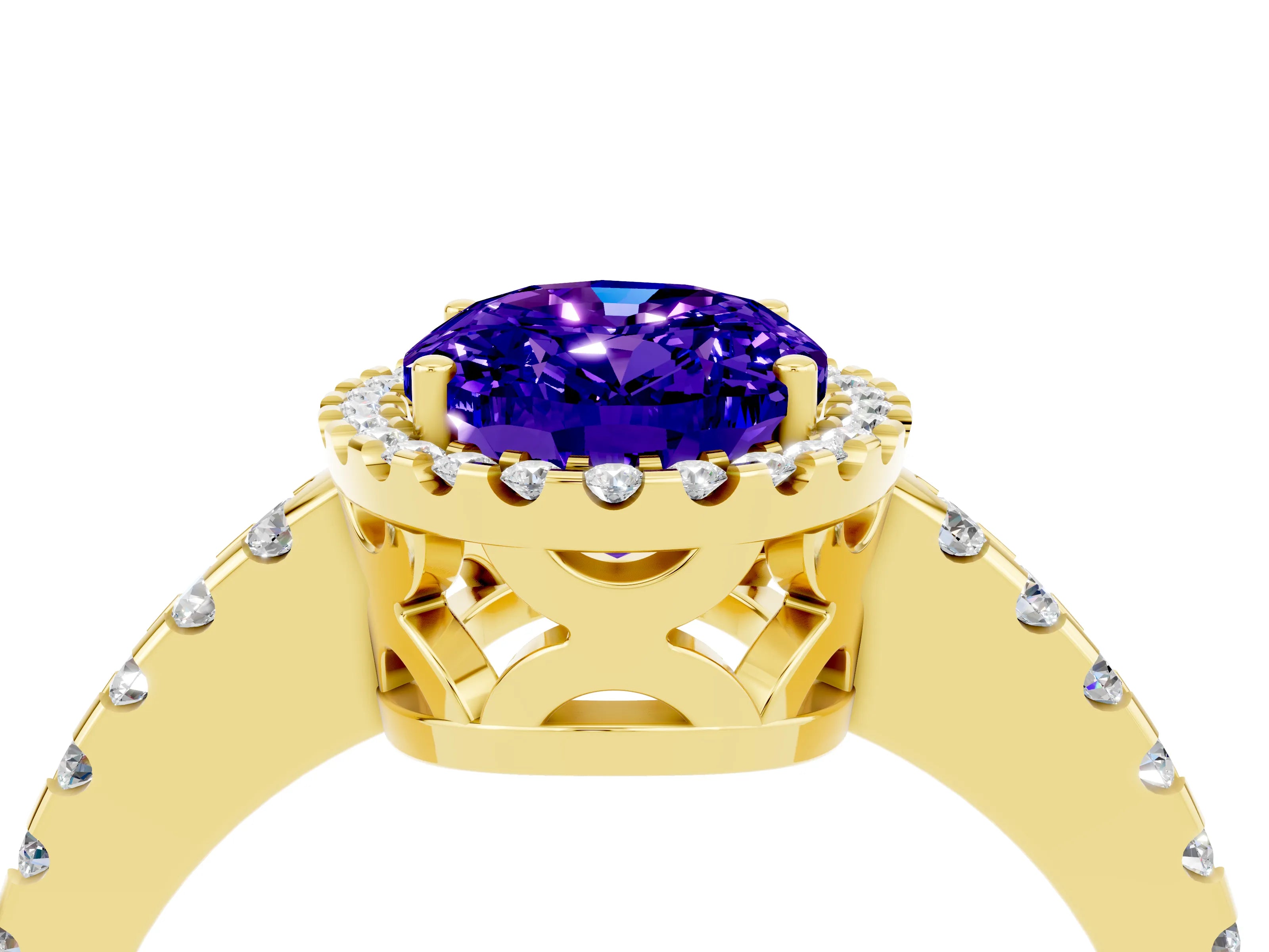 Yellow gold Oval Cut Tanzanite Halo Engagement Ring with Pavé Band and Prong Setting_16