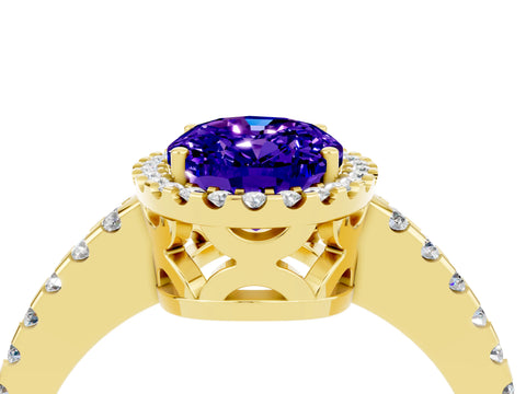 Yellow gold Oval Cut Tanzanite Halo Engagement Ring with Pavé Band and Prong Setting_16