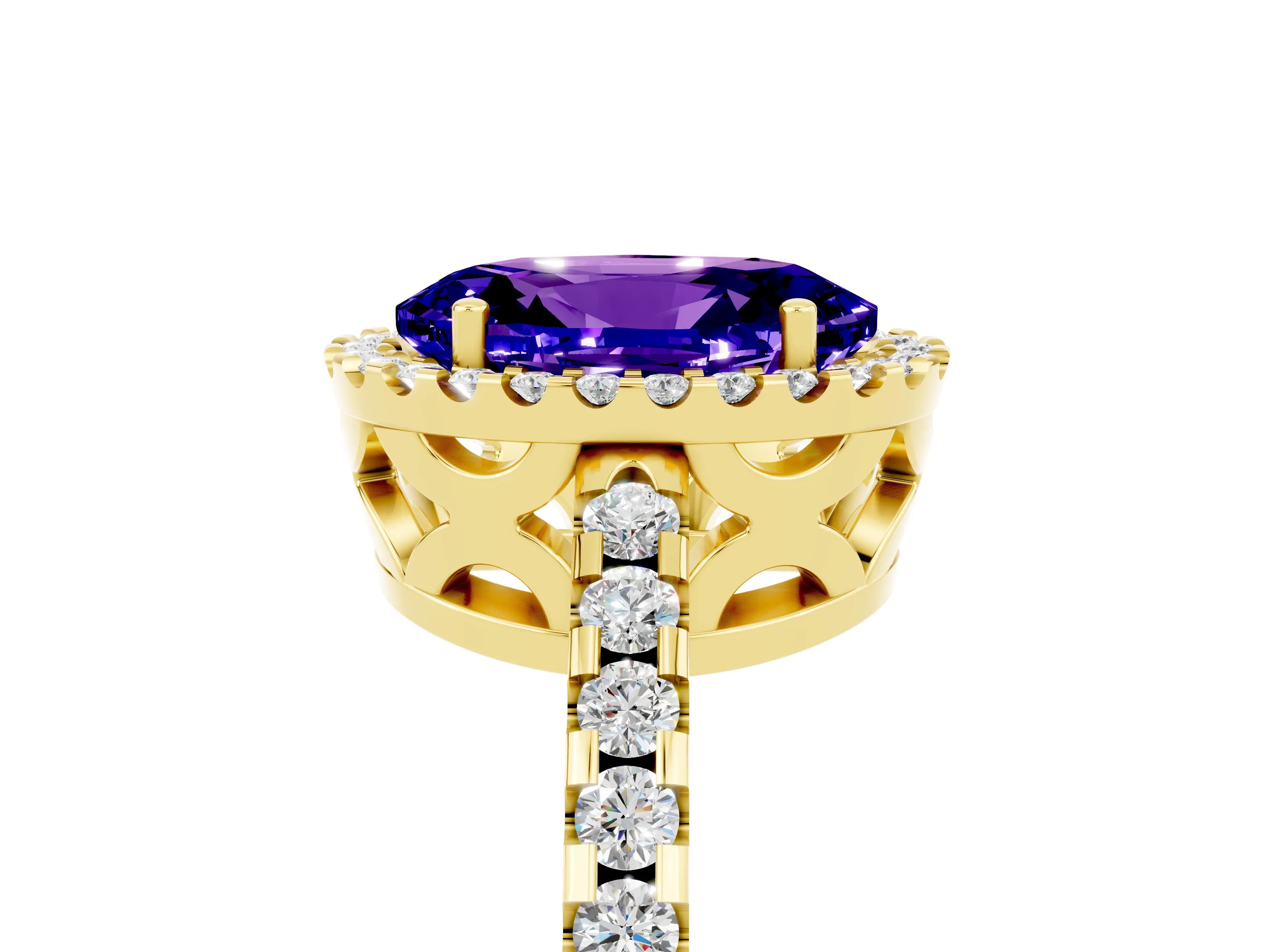 Yellow gold Oval Cut Tanzanite Halo Engagement Ring with Pavé Band and Prong Setting_17