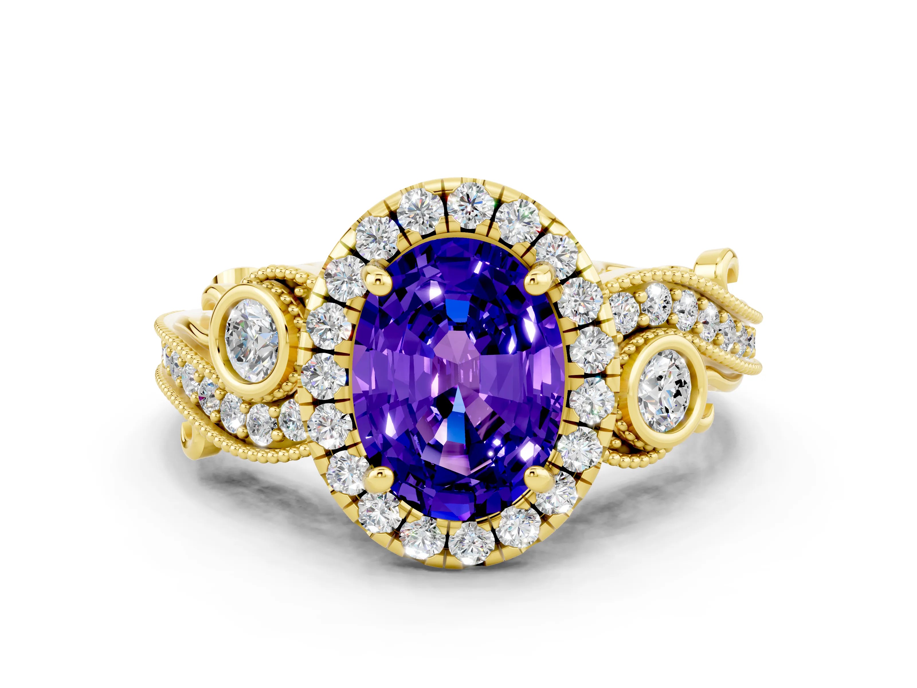 Yellow gold Oval Cut Tanzanite Halo Ring with Milgrain Pavé Band and Four-Prong Setting_12