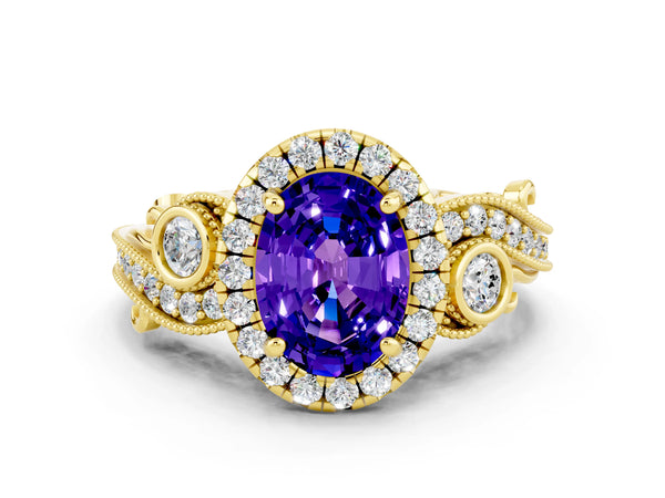 Yellow gold Oval Cut Tanzanite Halo Ring with Milgrain Pavé Band and Four-Prong Setting