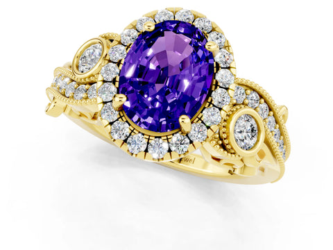Yellow gold Oval Cut Tanzanite Halo Ring with Milgrain Pavé Band and Four-Prong Setting_13