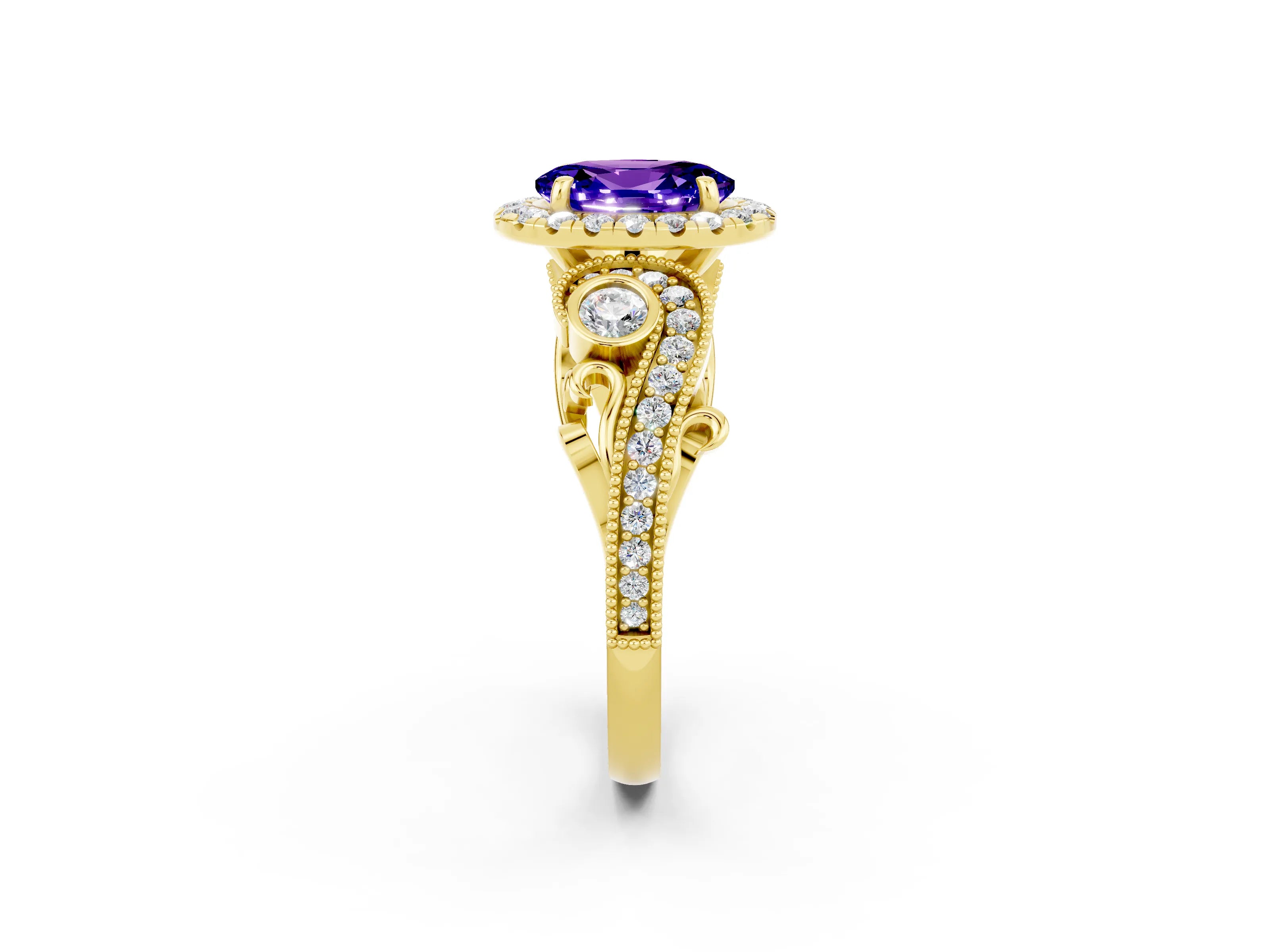 Yellow gold Oval Cut Tanzanite Halo Ring with Milgrain Pavé Band and Four-Prong Setting_14