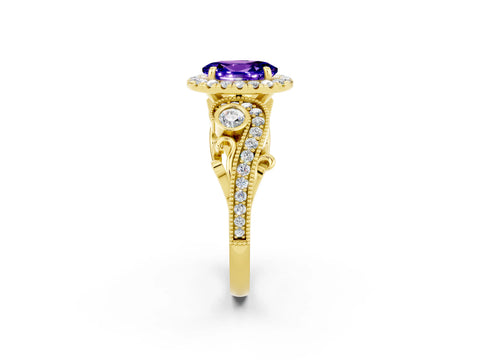 Yellow gold Oval Cut Tanzanite Halo Ring with Milgrain Pavé Band and Four-Prong Setting_14