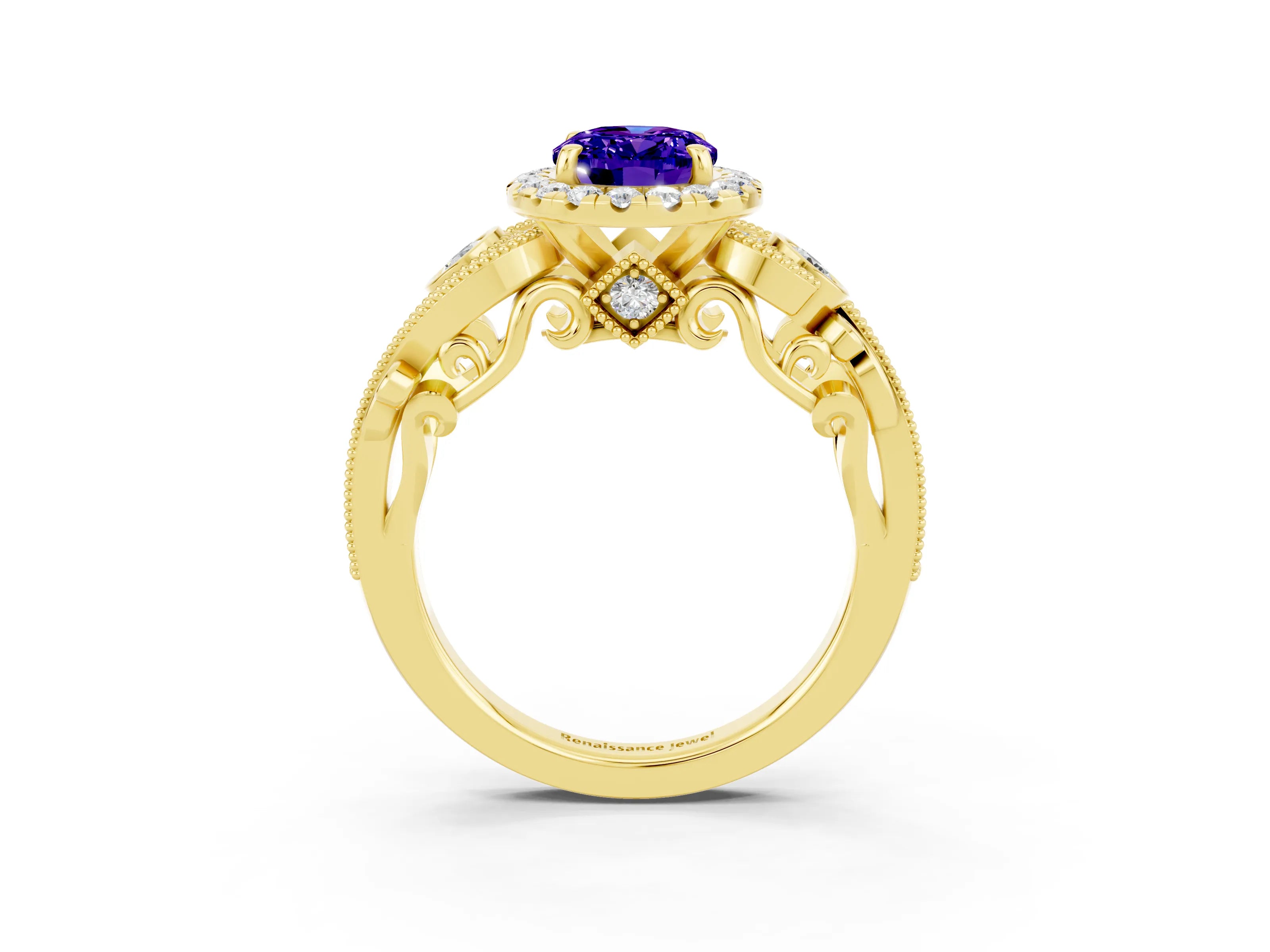 Yellow gold Oval Cut Tanzanite Halo Ring with Milgrain Pavé Band and Four-Prong Setting_15
