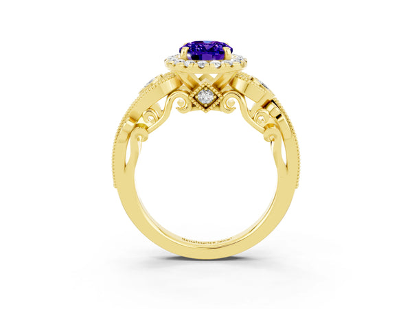 Yellow gold Oval Cut Tanzanite Halo Ring with Milgrain Pavé Band and Four-Prong Setting