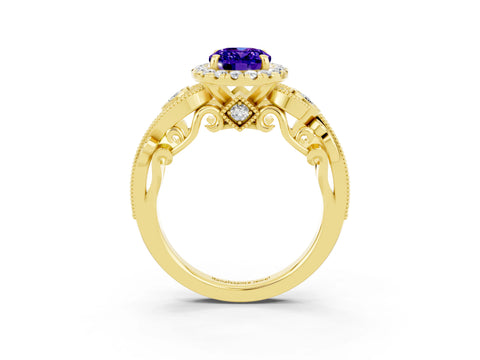 Yellow gold Oval Cut Tanzanite Halo Ring with Milgrain Pavé Band and Four-Prong Setting_15