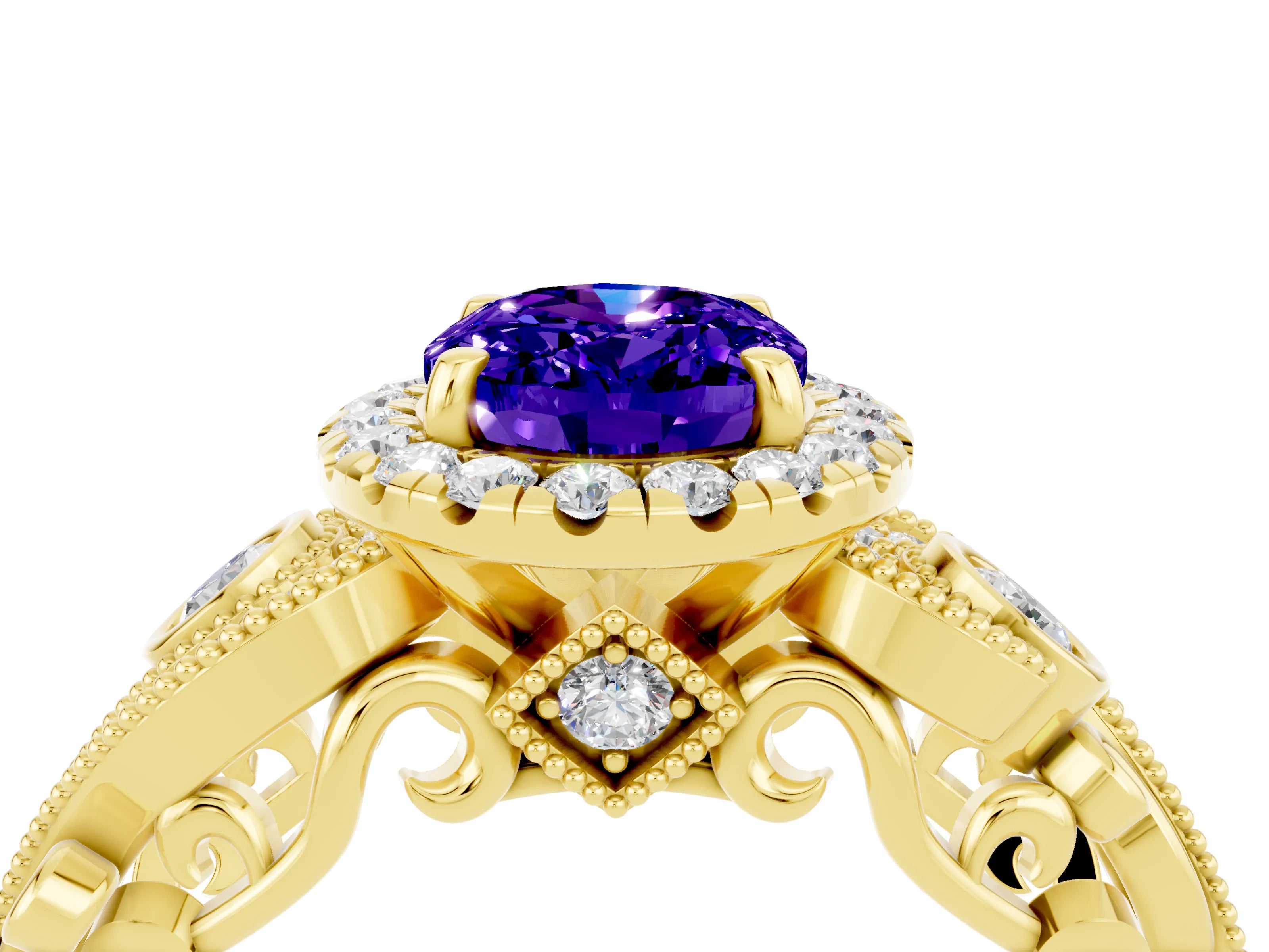 Yellow gold Oval Cut Tanzanite Halo Ring with Milgrain Pavé Band and Four-Prong Setting_16