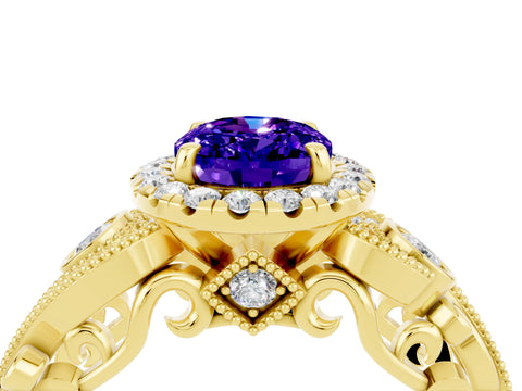 Yellow gold Oval Cut Tanzanite Halo Ring with Milgrain Pavé Band and Four-Prong Setting_16
