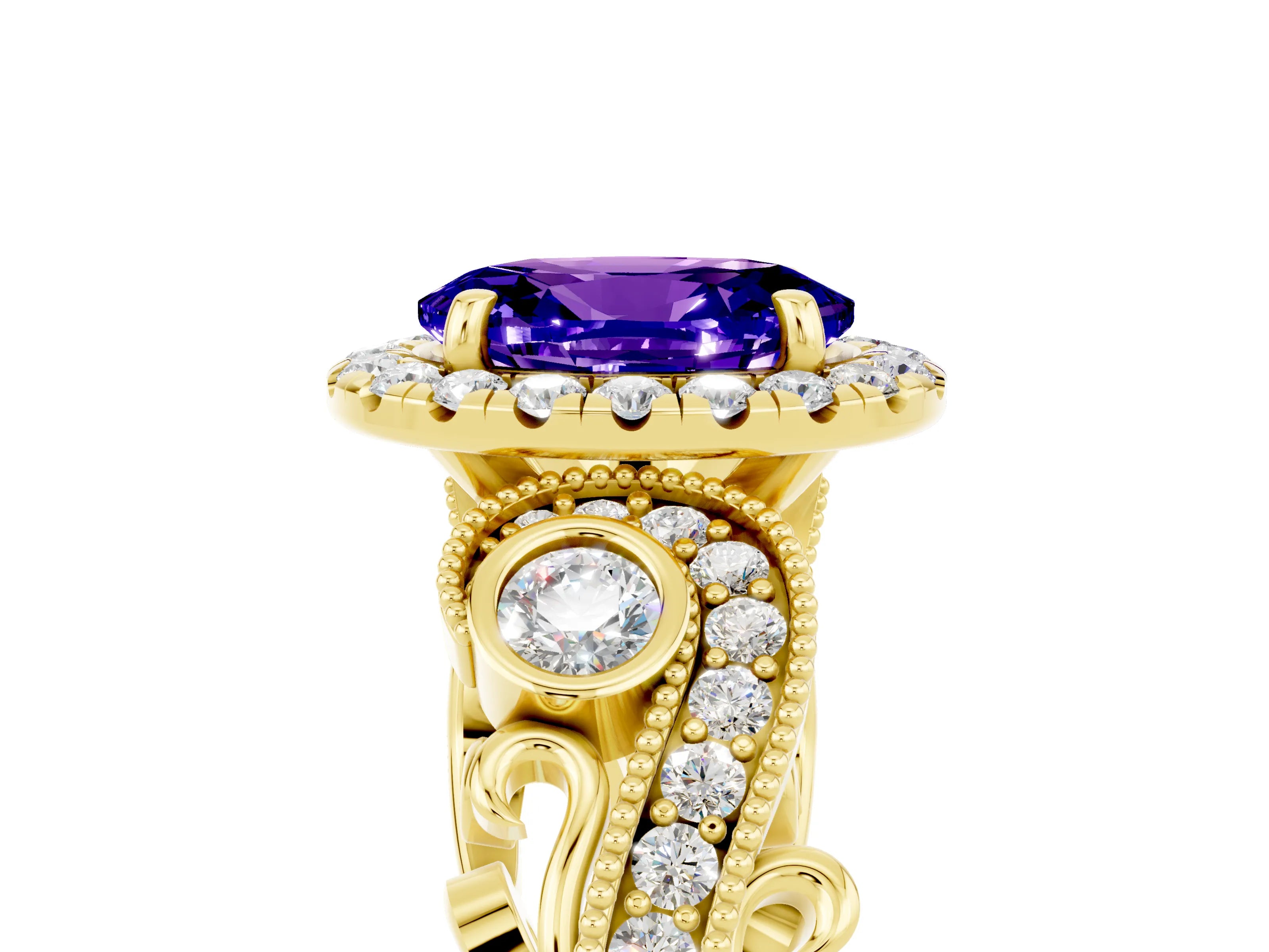 Yellow gold Oval Cut Tanzanite Halo Ring with Milgrain Pavé Band and Four-Prong Setting_17