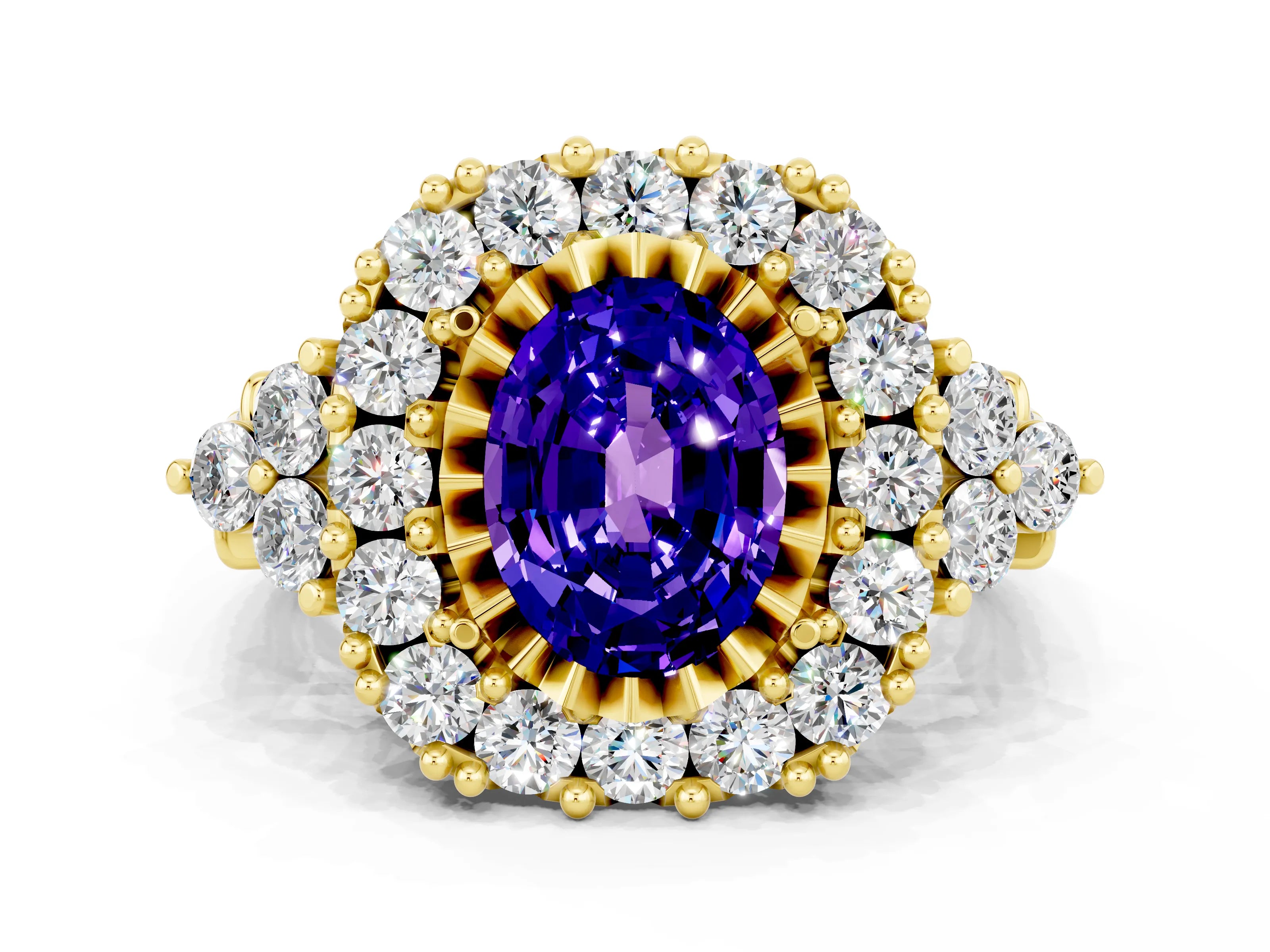 Yellow gold Oval Cut Tanzanite Halo Ring with Pavé Band and Four-Prong Setting_12