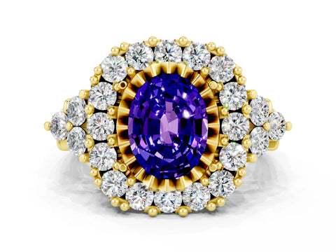 Yellow gold Oval Cut Tanzanite Halo Ring with Pavé Band and Four-Prong Setting_12