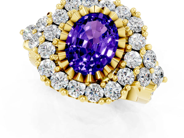 Yellow gold Oval Cut Tanzanite Halo Ring with Pavé Band and Four-Prong Setting