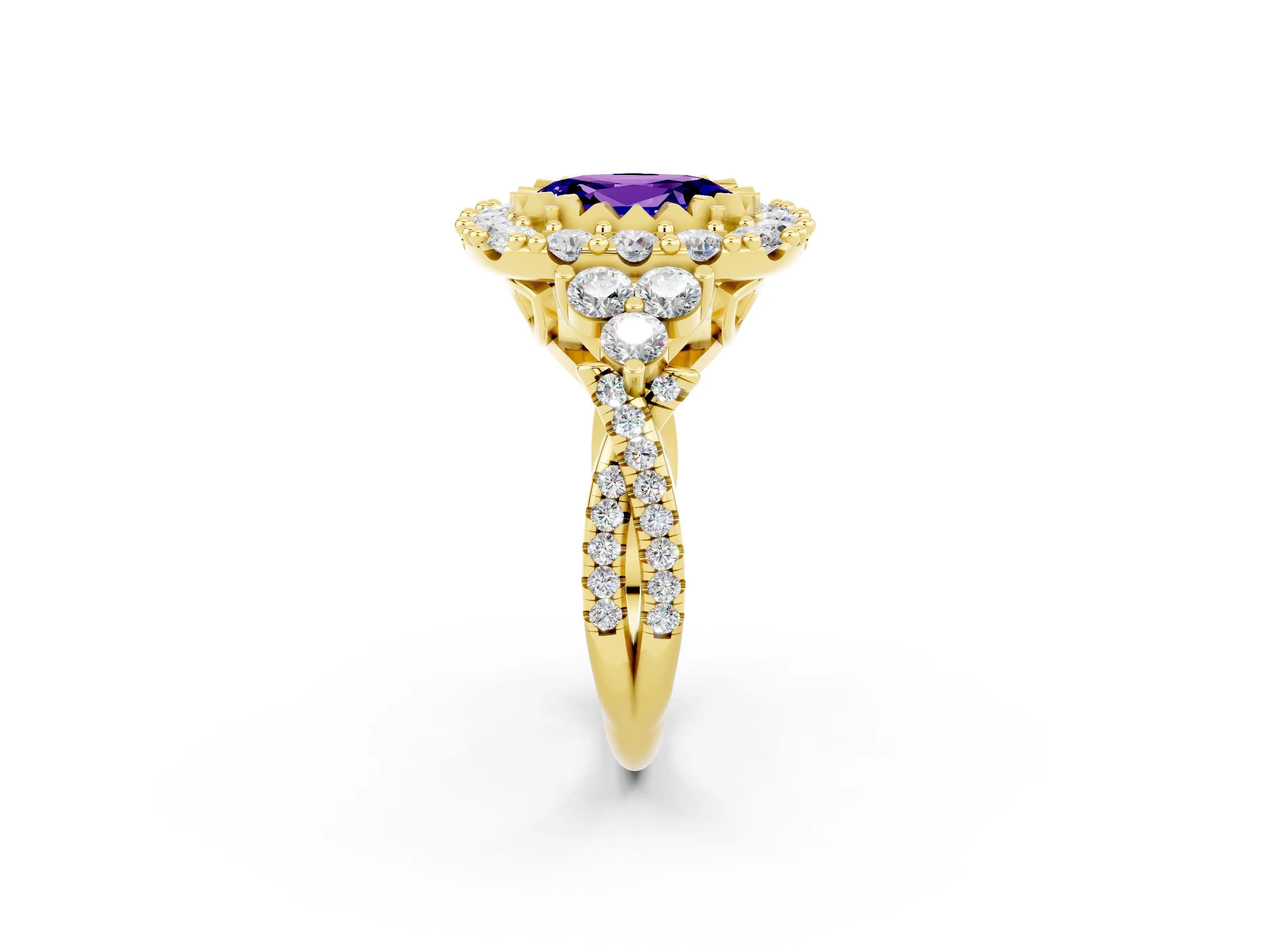 Yellow gold Oval Cut Tanzanite Halo Ring with Pavé Band and Four-Prong Setting_14