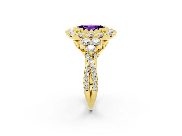 Yellow gold Oval Cut Tanzanite Halo Ring with Pavé Band and Four-Prong Setting
