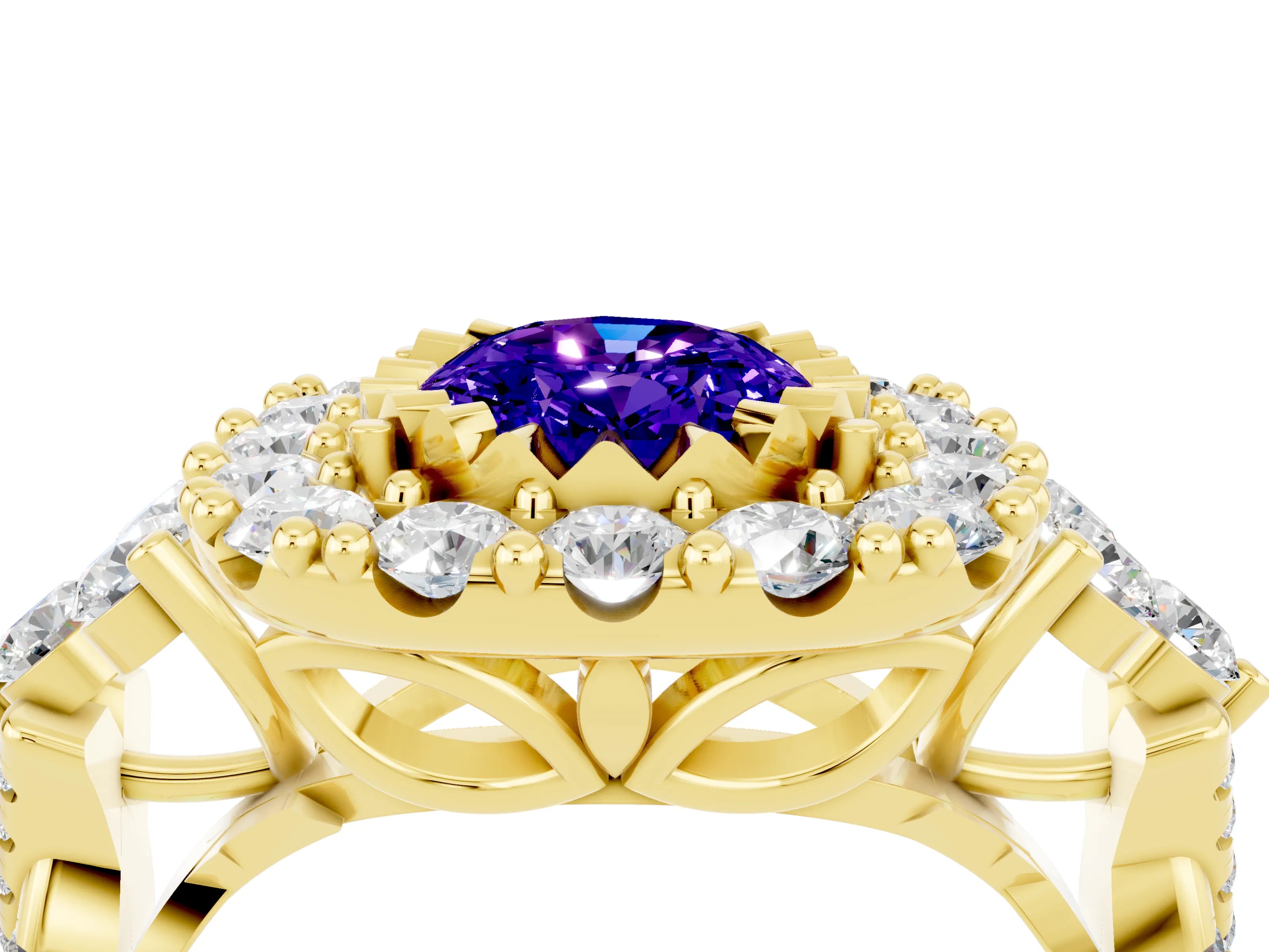 Yellow gold Oval Cut Tanzanite Halo Ring with Pavé Band and Four-Prong Setting_16