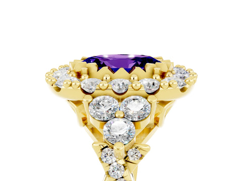 Yellow gold Oval Cut Tanzanite Halo Ring with Pavé Band and Four-Prong Setting_17