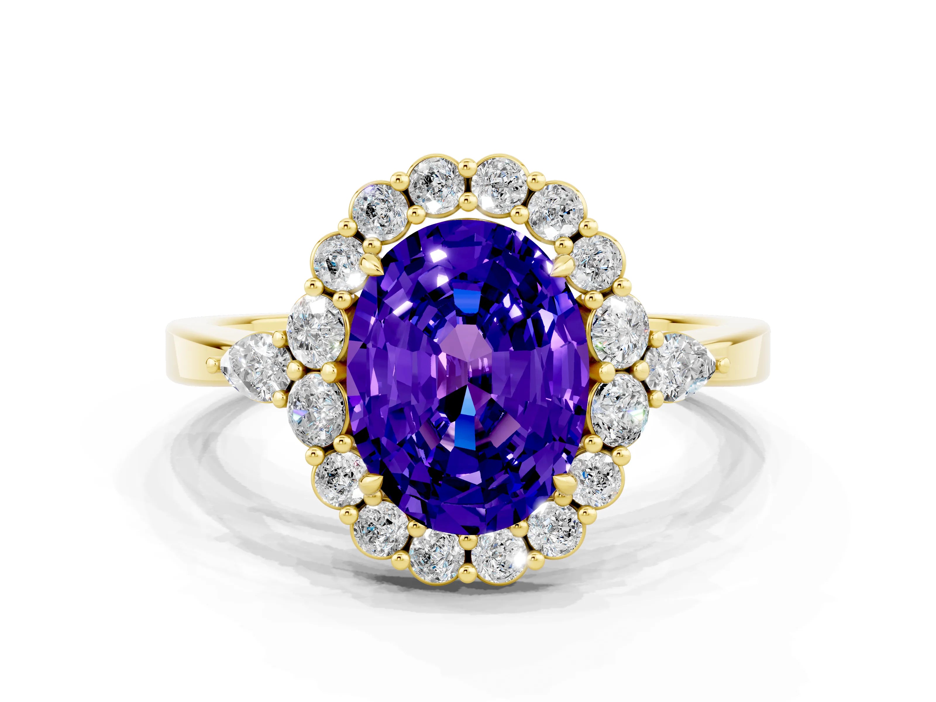 Yellow gold Oval Cut Tanzanite Halo Ring with Pear Side Stones and Prong Setting_12