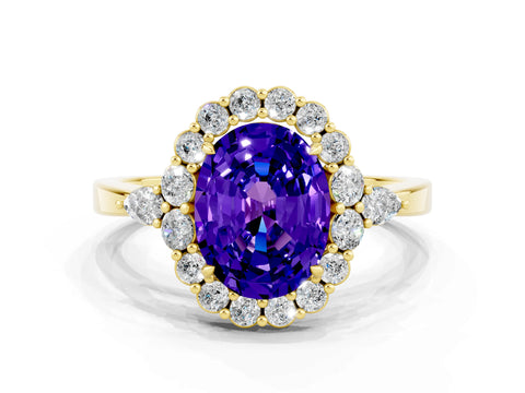 Yellow gold Oval Cut Tanzanite Halo Ring with Pear Side Stones and Prong Setting_12