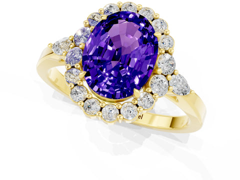 Yellow gold Oval Cut Tanzanite Halo Ring with Pear Side Stones and Prong Setting_13