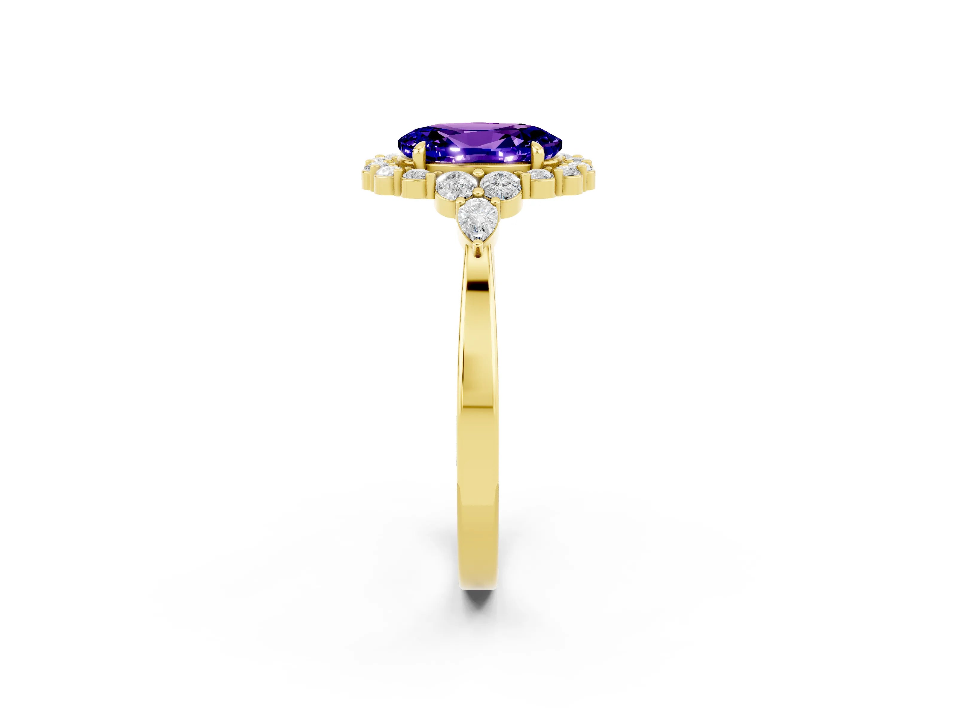 Yellow gold Oval Cut Tanzanite Halo Ring with Pear Side Stones and Prong Setting_14