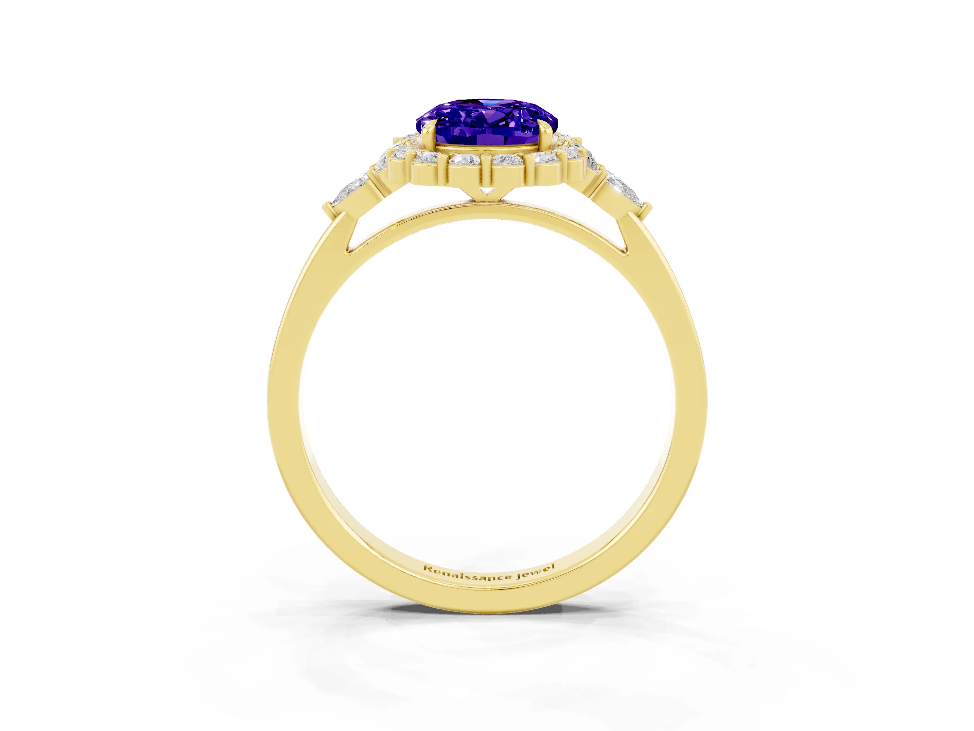 Yellow gold Oval Cut Tanzanite Halo Ring with Pear Side Stones and Prong Setting_15